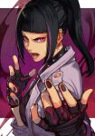  1girl arms_up aura bangs black_hair collar ear_piercing fighting_stance fingerless_gloves gloves glowing glowing_eye han_juri hungry_clicker jacket looking_at_viewer nail_polish open_mouth piercing ponytail purple_eyes purple_jacket purple_nails simple_background solo street_fighter street_fighter_v upper_body 