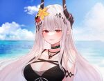  1girl absurdres arknights bikini black_bikini breasts cleavage flower hair_flower hair_ornament highres horns hyeroin jewelry large_breasts long_hair mudrock_(arknights) mudrock_(silent_night)_(arknights) ocean pendant pointy_ears red_eyes swimsuit white_hair 