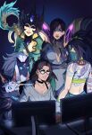  5girls akali artist_name back_tattoo bangs bekkomi black-framed_eyewear black_choker black_hair blonde_hair bodysuit breasts choker cleavage collarbone eyebrows_visible_through_hair facial_mark glasses gradient gradient_background grey_sweater grin helmet highres holding holding_staff kai&#039;sa kindred_(league_of_legends) lamb_(league_of_legends) large_breasts league_of_legends long_hair looking_at_viewer mask mermaid monster_girl mouth_mask multiple_girls nami_(league_of_legends) original ponytail purple_eyes smile staff sweater tattoo teeth 