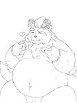  2022 anthro behemoth_(housamo) belly blush bulge cake dessert eating eyes_closed food ginsingoo1 humanoid_hands kemono lifewonders male monochrome navel overweight overweight_male simple_background sitting solo tokyo_afterschool_summoners video_games white_background 