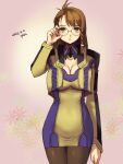  1girl braid breasts brown_hair cleavage dress glasses green_eyes highres large_breasts long_hair looking_at_viewer oyasu oyasu_(kinakoyamamori) pantyhose shion_uzuki simple_background skirt solo xenosaga 