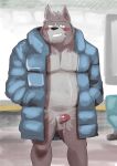  2022 anthro balls belly black_nose blush brown_body canid canine canis clothing domestic_dog erection genitals hi_res humanoid_genitalia humanoid_penis kemono male mammal moobs overweight overweight_male penis solo sweater topwear ujishiyo 