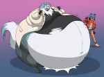  2020 anthro ball basketball_(ball) belly belt big_belly blue_hair blush bodily_fluids bottomwear brand_new_animal canid canine canis claws clothing duo fangs female footwear hair hand_on_stomach hectorthewolf hyper hyper_belly jacket male mammal michiru_kagemori morbidly_obese morbidly_obese_anthro morbidly_obese_male obese obese_anthro obese_male open_mouth overweight overweight_anthro overweight_male pants patting patting_belly raccoon_dog raised_tail shirou_ogami shirt shoes smile smug studio_trigger sweat tanuki teeth topwear torn_clothing wolf 