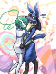  absurd_res anthro bando blush colorful colorful_background duo embrace fur gardevoir hi_res hug lucario nintendo open_mouth pok&eacute;mon pok&eacute;mon_(species) red_eyes video_games 