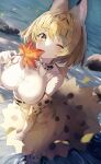  1girl absurdres animal_ear_fluff animal_ears animal_ears_(artist) autumn_leaves bare_shoulders blonde_hair bow bowtie breasts commentary elbow_gloves extra_ears eyebrows_visible_through_hair from_above gloves highres holding holding_leaf kemono_friends large_breasts leaf looking_at_viewer one_eye_covered print_bow print_bowtie print_gloves serval_(kemono_friends) serval_print shirt short_hair skirt sleeveless sleeveless_shirt solo tail wading water white_shirt yellow_eyes 
