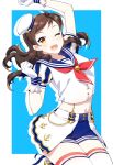  1girl ;d arm_up blue_background blue_sailor_collar blue_shorts border brown_hair collarbone collared_shirt floating_hair gloves hat idolmaster idolmaster_million_live! kitazawa_shiho long_hair looking_at_viewer midriff mini_hat navel necktie one_eye_closed open_mouth outline outside_border red_necktie sailor_collar sailor_shirt shiny shiny_hair shirt short_shorts short_sleeves shorts smile solo stomach thighhighs touon white_border white_gloves white_headwear white_legwear white_shirt yellow_eyes zettai_ryouiki 