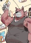  2022 anthro biped black_nose canid canine canis clothing domestic_dog hi_res humanoid_hands inside kemono male mammal nipples overweight overweight_male shirt solo topwear ujishiyo 