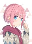  1girl alternate_hairstyle artist_name blue_eyes from_side hand_up highres hood hoodie kagamihara_nadeshiko long_sleeves looking_at_viewer nekosination pink_hair short_hair smile solo triangle twitter_username upper_body yurucamp 