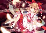  1girl bad_id bad_pixiv_id bangs black_footwear blonde_hair blouse bobby_socks bow bow_(music) cloud collared_blouse detached_sleeves erhu flower full_moon hair_bow high_heels instrument japanese_clothes kuromomo long_sleeves mary_janes miko moon musical_note petals red_bow red_flower red_ribbon red_rose red_skirt ribbon rose satsuki_rin shoes short_hair skirt socks touhou white_blouse white_flower white_legwear white_rose wide_sleeves yellow_eyes 