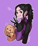  1girl black_hair dog fingerless_gloves gloves golden_retriever grin hawkeye_(marvel) highres kate_bishop long_hair looking_at_viewer marvel marvel_cinematic_universe one_eye_closed pizza_slice ponytail purple_background sidelocks smile sushi_pizza_rrr symbol-only_commentary v 