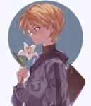  1boy 1z1art bag bangs blonde_hair breast_pocket chinese_commentary commentary_request earrings flower from_side grey_jacket hair_between_eyes holding holding_flower jacket jewelry light_blush male_focus messy_hair original pocket short_hair solo standing white_background white_flower 