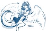  &lt;3 2022 alternate_species barefoot blue_and_white blush clothed clothing conditional_dnp curled_tail digitigrade dragon dress duo embrace eyes_closed feathered_wings feathers feet female feral feralized fur furred_dragon hair hair_over_eye hi_res horn hug human larger_female lying mammal monochrome on_back one_eye_obstructed open_mouth open_smile roselyn_(twokinds) saria_legacy simple_background size_difference sketch smaller_female smile tom_fischbach twokinds webcomic white_background wings 