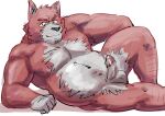  2021 anthro belly black_nose canid canine canis domestic_dog erection genitals humanoid_genitalia humanoid_hands humanoid_penis kemono male mammal moobs nipples overweight overweight_male penis simple_background solo ujishiyo white_background 