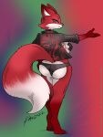  anthro avoid_posting breasts canid canine clothed clothing dipstick_tail female fox fur green_eyes heart_pattern hi_res jacket jasper_(jackwolf) kaemantis looking_back mammal markings nipple_tape pasties pinup pose red_body red_fur solo tail_markings tape topwear white_body white_fur 