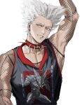  1boy absurdres arm_up black_tank_top brown_eyes collar earrings fishnet_fabric fishnet_shirt fishnets garou_(one-punch_man) highres jewelry male_focus mesh muscular muscular_male one-punch_man short_hair smile solo spiked_collar spiked_hair spikes tank_top teeth thisuserisalive upper_body white_hair 