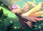 animal_focus bird cloud commentary_request day flying from_side glowing grass highres hisuian_braviary leaves_in_wind macham_jaeger motion_blur no_humans outdoors pokemon pokemon_(creature) sky solo 