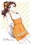  1girl apron arms_behind_back bow brown_hair closed_mouth cowboy_shot diagonal_stripes dress_shirt floating_hair hair_bow high_ponytail holding holding_plate idolmaster idolmaster_million_live! kitazawa_shiho long_hair looking_at_viewer miniskirt orange_apron orange_bow orange_skirt plate shiny shiny_hair shirt skirt solo standing striped thighhighs touon white_legwear white_shirt yellow_eyes zettai_ryouiki 