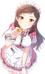  1girl apron bow bowtie breasts brown_hair butterfly_necklace candy closed_mouth cowboy_shot dress_shirt floating_hair food frilled_skirt frills holding holding_candy holding_food idolmaster idolmaster_million_live! idolmaster_million_live!_theater_days kitazawa_shiho leaning_forward long_hair looking_at_viewer maid_headdress medium_breasts miniskirt pink_bow pink_bowtie pink_skirt shiny shiny_hair shirt short_sleeves simple_background skirt solo touon underbust waist_apron white_apron white_background white_shirt wrist_cuffs yellow_eyes 