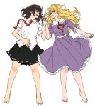  2girls absurdres bare_legs barefoot black_skirt blonde_hair blush brown_eyes brown_hair closed_mouth collared_dress collared_shirt commentary_request dress eyebrows_visible_through_hair frilled_dress frilled_sleeves frills highres holding_hands korean_commentary kuya_(hey36253625) long_hair maribel_hearn multiple_girls necktie open_mouth pleated_skirt purple_dress red_necktie red_ribbon ribbon ribbon-trimmed_shirt ribbon-trimmed_skirt ribbon-trimmed_sleeves ribbon_trim shirt short_sleeves simple_background skirt smile teeth touhou unfinished upper_teeth usami_renko white_background white_shirt yellow_eyes 