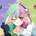  2girls ahoge black_hairband blouse blue_blouse closed_eyes collared_blouse eyeball face frilled_sleeves frills green_hair hairband heart highres komeiji_koishi komeiji_satori medium_hair multiple_girls pink_eyes pink_hair scavia10 short_hair siblings sisters smile third_eye touhou wide_sleeves yellow_blouse 