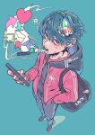  1boy bangs blue_background blue_hair casual cellphone commentary foreshortening full_body hand_in_pocket headphones highres holding holding_phone hood jacket looking_at_viewer male_focus open_mouth original phone red_eyes red_jacket shoes short_hair simple_background smartphone sneakers social_network solo standing tears yottasun 