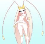  1girl antennae blonde_hair blue_background blue_eyes blush breasts closed_mouth colored_skin embarrassed feet_out_of_frame fewer_digits humanization kionant long_hair looking_at_viewer navel nipples pheromosa pokemon pussy signature skirt small_breasts solo standing ultra_beast very_long_hair white_skin white_skirt 