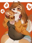  &lt;3 anthro belly blush bottomwear brown_hair burger canid canine canis clothing collar cutoffs denim denim_clothing dipstick_tail domestic_dog eating eyebrows female food food_on_face hair hair_over_eye hi_res holding_food holding_object kaeritai07 kneeling mammal markings navel_outline one_eye_obstructed shirt shorts slighly_chubby solo sweater tail_markings tank_top thick_eyebrows topwear 