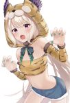  1girl animal_hood animal_print blonde_hair blue_shorts blush breasts claw_pose detached_sleeves enna_alouette fangs green_nails head_wings highres hood hood_up leaning_forward long_hair midriff navel nijisanji nijisanji_en purple_eyes shorts small_breasts solo strapless takechi49 tiger_hood tiger_print tube_top very_long_hair virtual_youtuber 