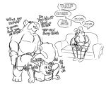  2022 anthro belly canid canine canis cuckold domestic_dog english_text felid grolarbearsins group hi_res humanoid_hands male mammal nipples overweight overweight_male sex sitting sketch text 