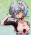  1990s_(style) 1girl arm_up ayanami_rei bangs blue_hair bodysuit breasts commentary crossed_bangs eyebrows_visible_through_hair hair_between_eyes hand_in_hair looking_at_viewer medium_breasts miss_minu neon_genesis_evangelion parted_lips red_eyes retro_artstyle short_hair solo sparkle upper_body 