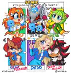  2boys 4girls absurdres annoyed arm_around_shoulder blonde_hair blue_dress blue_eyes blue_hairband chao_(sonic) cosmo_(sonic_x) dress english_commentary english_text flower frown furry furry_female furry_male hairband highres holding holding_flower infinite_(sonic) looking_to_the_side maria_robotnik multiple_boys multiple_girls one_eye_closed pink_flower pink_rose red_eyes red_hair rose sally_acorn shadow_the_hedgehog six_fanarts_challenge smile sonic_(series) sonic_adventure sonic_forces sonic_the_hedgehog_(archie_comics) sonic_x tikal_the_echidna v wizaria 