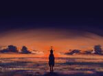  1girl cloud commentary_request highres kantai_collection kuragare machinery miyuki_(kancolle) ocean orange_sky rigging sky standing standing_on_liquid sunset torpedo_launcher 