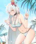  1girl beach beach_chair beach_umbrella bikini blue_bikini blue_sky breasts cleavage earrings highres honkai_(series) honkai_impact_3rd jewelry kiana_kaslana kiana_kaslana_(herrscher_of_the_void) long_hair looking_at_viewer navel outdoors palm_tree shell_hair_ornament sky starfish_hair_ornament striped striped_bikini swimsuit tree umbrella v white_hair yellow_eyes zhourues 