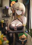  1girl bangs bell black_gloves blonde_hair blurry blurry_foreground breasts cleavage dress elbow_gloves eyebrows_visible_through_hair flower gloves green_eyes hair_between_eyes hair_bun hair_flower hair_ornament highres hololive indoors jingle_bell large_breasts long_hair looking_at_viewer momosuzu_nene nekko_(momosuzu_nene) parted_lips plant sleeveless sleeveless_dress solo tachikana virtual_youtuber 