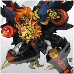  absurdres clenched_hand drill genesic_gaogaigar glowing glowing_eyes glowing_hand grey_background highres mecha mechanical_wings moku_(pintor09) no_humans open_hand orange_eyes orange_hair solo super_robot v-fin wings yuusha_ou_gaogaigar yuusha_ou_gaogaigar_final yuusha_series 