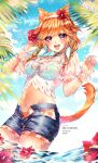  1girl adjusting_clothes adjusting_headwear animal_ears aqua_bikini artist_name bangs bikini blurry blurry_foreground braid breasts cat_ears cat_girl cat_tail choker cloud collarbone colorful cowboy_shot curled_fingers english_commentary eyebrows_visible_through_hair flower frilled_cuffs frilled_sleeves frills hair_flower hair_ornament hand_up headband hibiscus highres hololive hololive_english kira_yukishiro lips looking_at_viewer medium_breasts navel open_clothes open_mouth open_shorts orange_hair outdoors parted_bangs pink_eyes pink_nails pixiv_id plant see-through_shirt shiny shiny_clothes shirt short_hair short_shorts short_sleeves shorts sky solo sparkle standing swimsuit tail takanashi_kiara teeth twin_braids twitter_username upper_teeth virtual_youtuber water wet wet_clothes white_headband white_shirt 