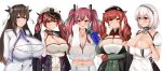  5girls absurdres anchor_symbol animal_ears arm_under_breasts azur_lane beret black_headwear black_ribbon blue_hair bottle breasts bremerton_(azur_lane) bremerton_(scorching-hot_training)_(azur_lane) brown_dress brown_hair buttons cleavage cow_ears cow_horns double-breasted dress elbow_gloves eyebrows_visible_through_hair gigantic_breasts gloves green_dress hair_ornament hair_ribbon hand_on_own_chest hat highres holding holding_bottle honolulu_(azur_lane) horns huge_breasts italian_flag jacket jacket_on_shoulders kashino_(azur_lane) looking_at_viewer midriff multiple_girls navel_piercing orange_eyes peaked_cap piercing pink_hair puffy_short_sleeves puffy_sleeves purple_eyes purple_jacket red_eyes red_hair ribbon shirt short_sleeves simple_background sirius_(azur_lane) skindentation skirt takeshiki_no_hirata taut_clothes taut_dress twintails upper_body water_bottle white_background white_gloves white_hair white_headwear white_jacket white_ribbon white_shirt white_skirt x_hair_ornament zara_(azur_lane) 