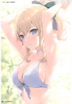  1girl 6u_(eternal_land) absurdres armpits arms_up bangs bikini bikini_top_only blonde_hair blue_eyes blurry blurry_background blush bow breasts character_name choker cleavage closed_mouth collarbone genshin_impact hair_bow highres jean_(genshin_impact) large_breasts lips long_hair looking_at_viewer page_number ponytail rain scan simple_background smile solo swimsuit tied_hair upper_body water water_drop wet 