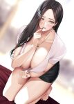  1girl barefoot black_hair black_nails black_skirt blurry blurry_background blush breasts brown_eyes cleavage collarbone commentary_request earrings highres jewelry large_breasts lips long_hair looking_at_viewer mature_female nail_polish necklace original parted_lips shirt short_sleeves skirt solo takoneru thighs white_shirt 