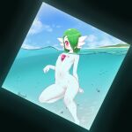  1girl blue_sky blush closed_mouth colored_skin completely_nude day flat_chest gardevoir green_hair hair_over_one_eye kionant looking_at_viewer medium_hair navel nipples nude one_eye_covered outdoors partially_underwater_shot pokemon pussy sky solo swimming uncensored underwater white_skin 
