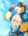  abs anthro barrel_(live-a-hero) canid canine canis clawed_fingers clothing eyewear fingerless_gloves gesture gloves goggles handwear lifewonders live-a-hero male mammal muscular muscular_anthro muscular_male pawpads pecs solo swimwear toy toy_gun v_sign video_games water_gun wolf y2shuu 