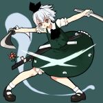  1girl alternate_eye_color ascot bangs black_ascot black_bow black_footwear black_hairband bloomers bow brown_eyes collared_shirt commentary_request dual_wielding fighting_stance flower frilled_sleeves frills full_body green_background green_skirt green_vest grey_hair hair_bow hairband hitodama_print holding katana konpaku_youmu konpaku_youmu_(ghost) open_mouth pink_flower puffy_short_sleeves puffy_sleeves shirt shoes short_hair short_sleeves skirt skirt_set socks solo sword touhou underwear vest wakizashi weapon white_legwear white_shirt yagi_noboru 