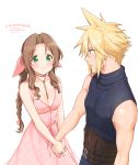  1boy 1girl aerith_gainsborough blonde_hair blue_eyes blush breasts brown_hair cleavage closed_mouth cloud_strife dress final_fantasy final_fantasy_vii final_fantasy_vii_remake green_eyes jewelry krudears long_hair simple_background smile spiked_hair white_background 
