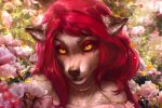  2022 absurd_res anthro black_nose canid canine canis clothed clothing detailed_background eyelashes female flower fur hair hi_res jewelry long_hair looking_at_viewer mammal necklace plant red_hair smile solo stasmihailov white_body white_fur wolf yellow_eyes 