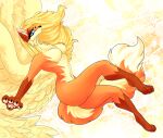  absurd_res anthro blonde_hair blue_eyes breasts butt canid canine cassielink cheek_tuft claws claws_out exposed_breasts facial_tuft feathered_wings feathers female fluffy fluffytail fox fur fur_markings hair hi_res inner_ear_fluff mammal markings neck_tuft nude orange_body orange_fur pawpads paws pinup pose solo thick_thighs tuft tufted_ears tufted_fur white_body white_fur wide_hips wings 