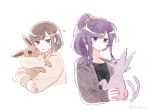  2girls ? ?? asahina_mafuyu bangs black_shirt bow braid brown_hair bumgae cardigan commentary_request eevee empty_eyes espeon fur_collar hair_bow high_ponytail highres holding holding_pokemon jacket jitome korean_commentary long_hair long_sleeves looking_at_animal looking_at_another multiple_girls pink_cardigan pokemon pokemon_(creature) project_sekai purple_eyes purple_hair purple_jacket shinonome_ena shirt sidelocks simple_background white_background white_bow 