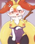  anthro big_breasts bodily_fluids braixen breasts bunny_costume camel_toe clothing costume embarrassed female looking_at_viewer nintendo open_mouth pok&eacute;mon pok&eacute;mon_(species) sakaeguchi_okarina shocked simple_background smile solo sweat video_games wardrobe_malfunction 