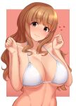  1girl bare_shoulders bikini breasts brown_eyes brown_hair cleavage closed_mouth collarbone eyebrows_visible_through_hair eyelashes hands_up heart idolmaster idolmaster_cinderella_girls large_breasts light_smile long_hair looking_at_viewer moroboshi_kirari navel pink_background shiny shiny_hair simple_background solo string_bikini swimsuit tomajiyama underboob upper_body white_background white_bikini 