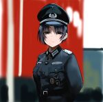  1girl arms_behind_back badge banner belt black_eyes black_hair blurry blurry_background cross epaulettes hat iron_cross looking_at_viewer medal military military_hat military_uniform nazi original peaked_cap samazuka_mashiro short_hair solo ss_insignia uniform wehrmacht 