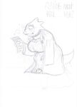  alphys anthro barefoot big_breasts blush bodily_fluids breasts buckteeth claws cleavage clothed clothing coat dress english_text feet female fully_clothed fushiomu greyscale hi_res holding_object holding_paper huge_breasts lab_coat lizard monochrome nervous non-mammal_breasts paper reptile scalie solo standing sweat teeth text thick_tail three-quarter_view topwear undertale undertale_(series) video_games 